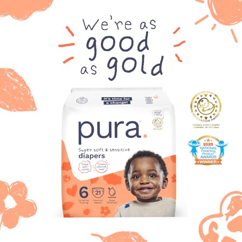 Image of Pura Baby Diapers Size 6-84 Count, 32-44lbs, 12hr Leak Protection, Cloud Soft & Gentle Diapers for Hypoallergenic & Sensitive Baby Skin, Toxin-Free*, Organic Cotton, Blowout Blocker, New Size Guide