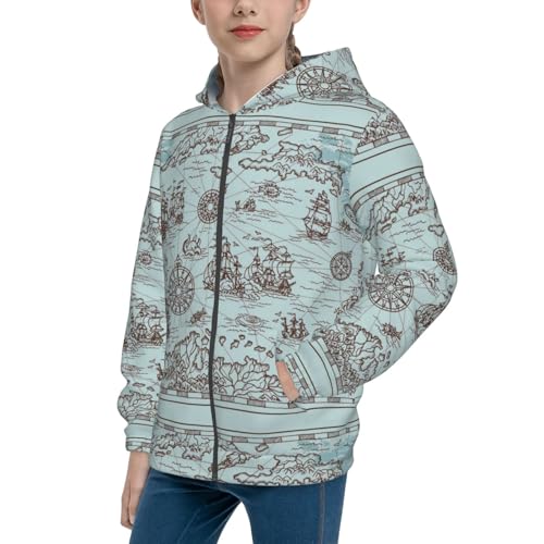 Pirate Adventure Map Kids Pullover Hoodies Boys Zip Up Sweatshirts Girls Athletic Clothes with Pocket
