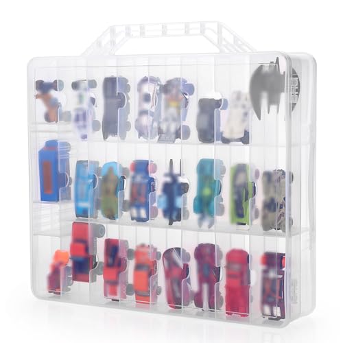 BTSKY Double Sided Toy Storage Organizer with 48 Compartments, Toy Organizer Carrying Case for Hot Wheels Car, Matchbox Cars, Mini Toys, Small Dolls, and more Mini Cars Collection(Clear)