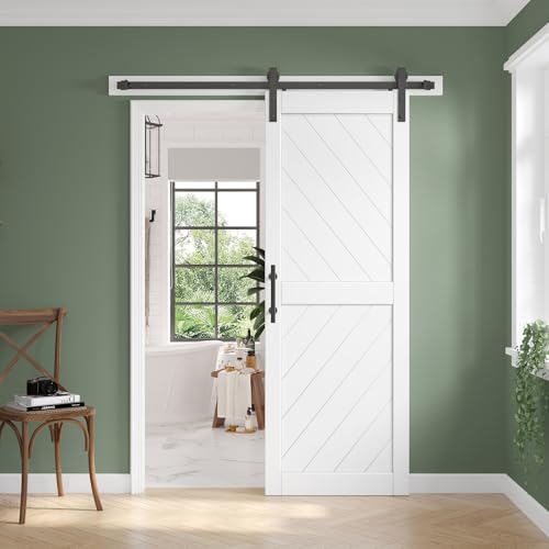 30in x 84in Sliding Barn Door with 5.5FT Barn Door Hardware kit & Handle Included, Solid MDF Wood Slab Covered with Water-Proof & Scratch-Resistant PVC Surface,Simple DIY Assembly,Chevron Pattern