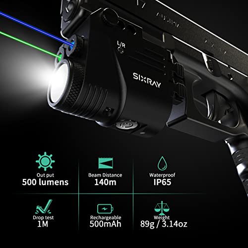 SIXRAY 500 Lumens Pistol Light with Blue and Green Beam Laser Combo, Magnetic Charging, Strobe Mode for Picatinny 1913 Rail Mounted Tactical Flashlight - Thumbnail 2