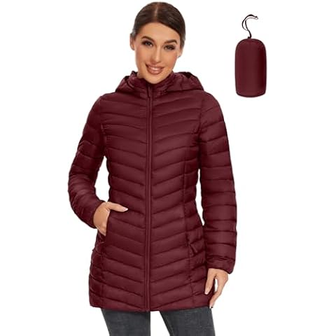 ROYAL MATRIX Women's Packable Puffer Jacket - Lightweight Winter Warm Long Quilted Puffer Coat with Detachable Hood Wine Red, XXXL Cover
