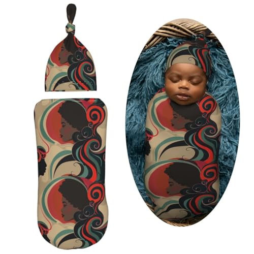 Image of Art Black African American Woman Newborn Swaddle Blankets Hat Sets Soft Baby Receiving Blanket Swaddle Sack for Baby Shower Infant Boy Girl Gift