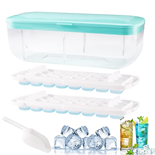 ANJUN Caja de Cubitos de Hielo de Plástico para,caja de moldes para cubitos de hielo,doble capa de silicona Cubiteras para Hielo con Tapa,Cubiteras para Hielo Silicona (azul) Cover