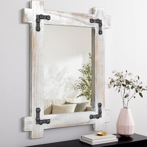 Lzuso Espejo colgante rústico con marco de madera, espejo de pared rectangular vintage, espejo decorativo para dormitorio, baño, sala de estar, espejo de tocador, blanco, grande