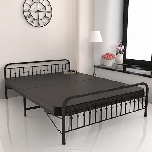 Image of Honey Touch Nova Folding Queen Size Bed with Ortho Tri Layer Mattress | No Assembly Required | Foldable Bed for Sleeping /Guests /Rented Apartments /Bedroom(5x6.25ft, Black)
