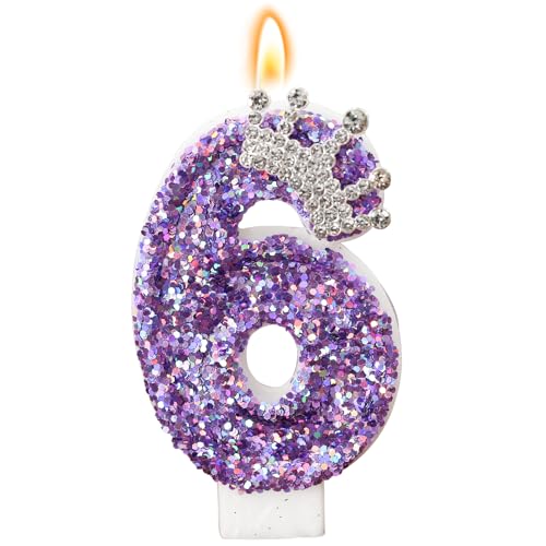 Birthday Number Candles,Purple Crown Birthday Candles for Cake,Glitter Number 6 Candle Cake Topper with Sequins for Anniversary Celebrations Supplies (Number 6)