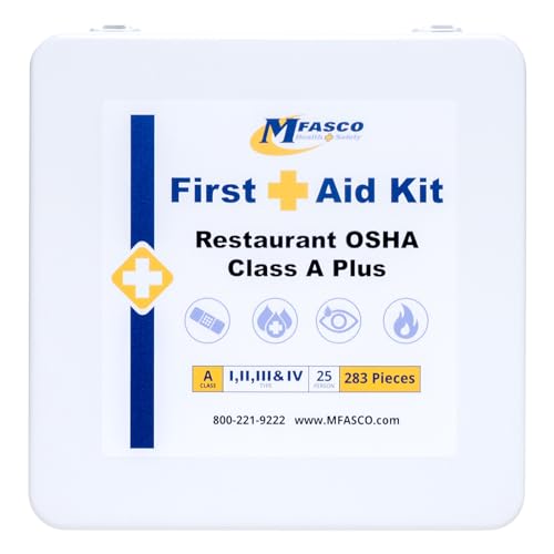 MFASCO Restaurant 2021 OSHA Compliant Class A First Aid Kit - Metal Box for Food Trucks & Catering - Carry or Mount - Easy Maintenance & Refill - Great for Restaurant & Industrial Settings - 283 Pcs