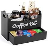Dicunoy Coffee Bar Organizer with Drawer, Wood Coffee Tea Station with Coffee Pods Holder, Black Condiment Organizer for Office and Home