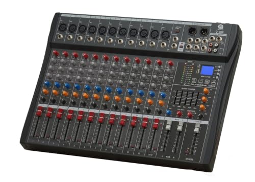 DIGIMORE Professional 12 Channel Mixer | 8 XLR + 6.35MM Input Ports | USB MP3 & BT Support | 48V Phantom Power | Delay & Repeat FX | Stereo Output | C