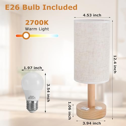 Image of Small Bedside Table Lamp with AC Outlet, Natural Wood Base & Linen Shade, Mini Cute Cozy Warm White Nightstand Boho Lamp, Study Desk Night Stand Light for Bedroom, Kitchen, Nursery, Living Room