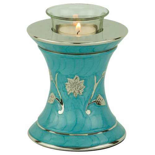 Grace Turquoise Tealight Cremation Urn for Ashes, Brass Memorial Candle Urn, Blue Green Urn, Extra Small Sized Cremation Urn, 5.5 Inches High