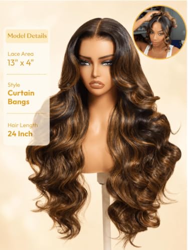 Image of Sunber Balayage Brown Body Wave Wig Human Hair 180% Density Highlight 13x4 HD Lace Front Glueless Wig Pre Cut Lace Pre Plucked Bleached Knots Invisi Drawstring Wear and Go Loose Wave Wigs 18inch