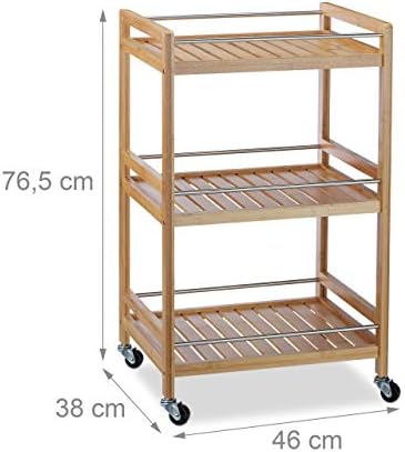 Relaxdays Bamboo Kitchen Trolley with 3 Shelves, Natural Look, 360° Swivel Wheels, Serving Cart, HWD: 76x46x38 cm, Natural
