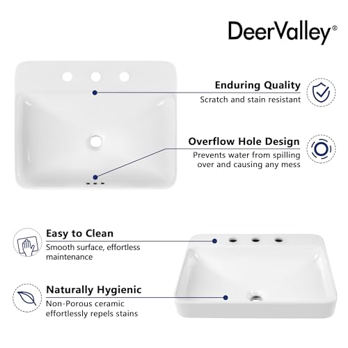 Deer Valley DV-1DS0121 Bathroom Vessel Sink, Deervalley, 24 Inchx19 Inch Rectangular Drop-In Sink For Bathroom White Semi Recessed Vessel Sink Modern Ceramic Bathroom Sink thumb #5