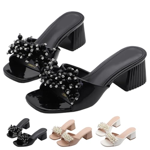 Womens Chunky Heeled Sandals Pearl Chunky Heel Slip-On Slides Sandals Square Open Toe Backless Mules