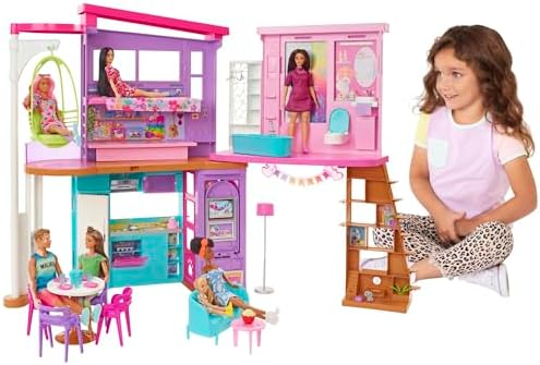 Mattel Barbie Casa Malibú plegable 2 pisos juguete +3 años 6 habitaciones+muebles+30 accesorios