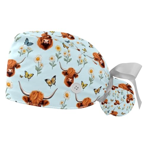 Image of 2 PCS Bouffant Cap with Button Ponytail Pouch Working Cap Sweatband Adjustable Surgical Cap Black and White Cow