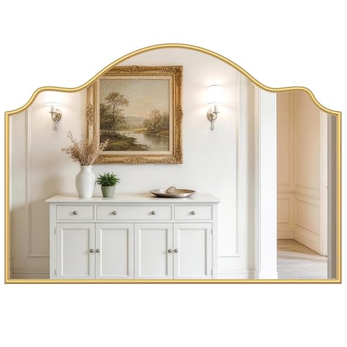 Rigidemand Scalloped Mirror 36 x 26 Gold Arched Bathroom Mirror Minimalist Curvy Decorative Gold Wall Mirrors for Fireplace Bedroom Hallway Vanity