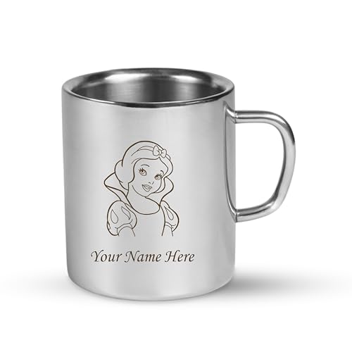Image of SAVRI Personalized Stainless Steel Mug for Kids with Customized Name Engraved & Cartoon Design | 220 ml Double Wall Insulated Mug for School, Milk, Juice & Water (Snow White Princess)