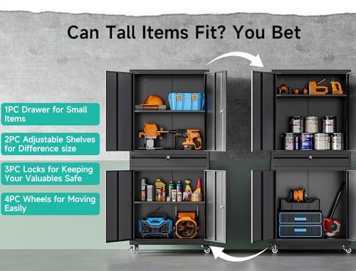 Image of Metal Garage Storage Cabinet with Wheels and Drawer,73 inch Tall Black Rolling Garage Cabinet with Locking Doors and Adjustable Shelves,Mobile Metal Storage Cabinets on Wheels for Home,Office,Garages,Tool