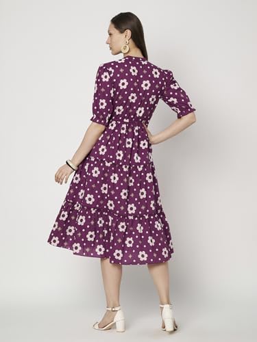 Image of Women's Floral Summer Maxi Dress I Cotton Printed I One Piece Bodycon Midi Dress with V-Neck, Puffed Sleeves