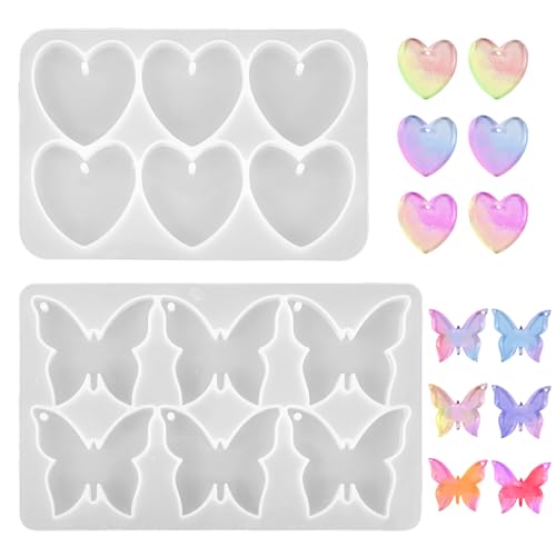 Butterfly Molds Silicone 2 Pack Fondant Molds 6 Grids Epoxy Resin Mold with Hole Keychain Pendant Mold Heart Shape for DIY Crafts Jewelry Making