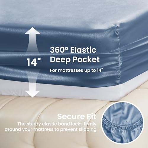 Image of Love's cabin Full Size Satin Sheet Sets - 4 Piece Ash Blue Silky Sheet Set Full with Deep Pocket, Luxury Silk Feel Bed Sheets Full Bedding Set (1 Flat Sheet,1 Fitted Sheet,2 Pillow Cases)