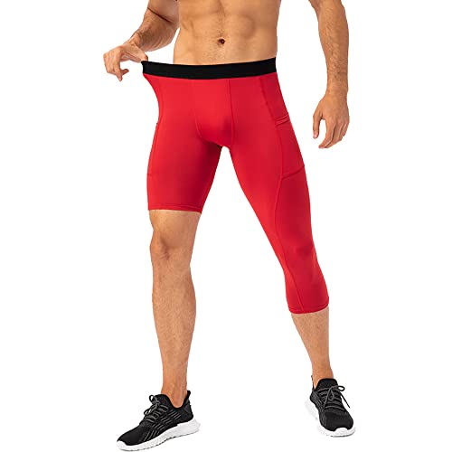 Men's Compression Tights Basketball,One Leg Compression Pants For Mens With Pocket Running Atheltic Leggings Active Base Layer Underwear (Red,Xl) #TOP2
