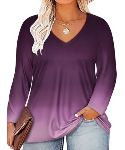 RITERA Womens Plus Size Tops Long Sleeve Shirts V Neck Tunics Fall Casual Pullover Loose Fit Basic Tshirt XL-6XL 14W-30W