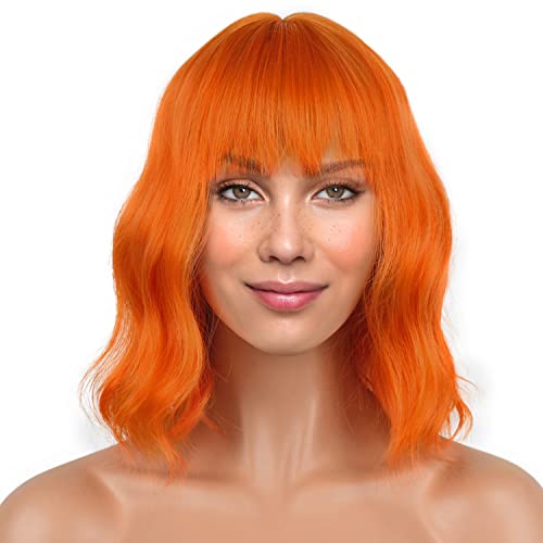 LANICE Short Bob Wigs with Bangs for Women Loose Wavy Hair Shoulder Length Orange Wigs Synthetic Colorful Wigs for Cosplay Daily PartyUse(Orange 12inch)
