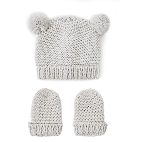 KATIE LOXTON Unisex Baby 0-6 Month Knit Pom Pom Hat and Mitten Set of 2 in Grey