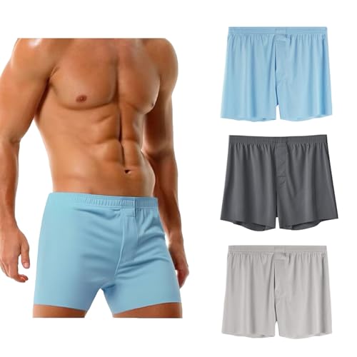 Men's Ice Silk Boxer Shorts Breathable Mens Seamless Underwear with Button Fly, Loose Fit Comfortable Boxers