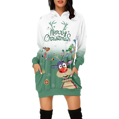 Christmas Hoodie Damen Lang Weihnachtsoutfit Lustig Sweatkleid Kapuzenpullover Weihnachten Hoody mit Kapuze Weihnachtskleid Festliches Outfit Weihnachts Minikleid Frau Xmas...