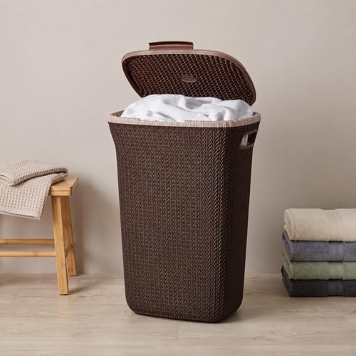 Image of KITCHIVO Plastic Large 55 Ltr Laundry Basket with Lid & Handle | Multipurpose Hamper Bins Storing Washable Clothes, Blankets | Household Ideal for Home & Bathroom (Marriott Brown Laundry Basket)