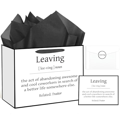 Funny Going Away Gift Bag Black White Farewell Goodbye Christmas Gift Bag with Wrapping Paper Card Sticker Envelope for Coworkers Leaving Gifts Retirement Good Luck We Will Miss You Presents Favors