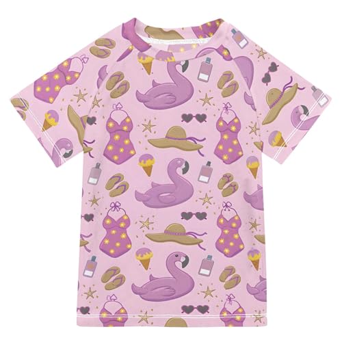 ALAZA Kids Rash Guard Girls Toddler Swim Shirts Short Sleeve Purple Flamingo Summer UPF 50+ 3T
