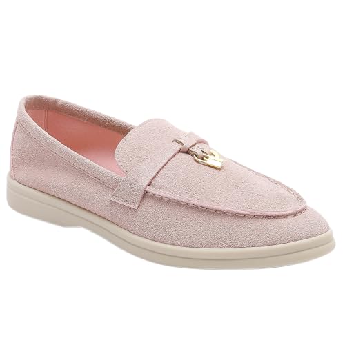 Image of Women's Faux Suede Loafers Fashion Slip On Comfort Flat Shoes Lightweight Breathable Non-Slip Casual Walking Shoes with Metal Buckle for Daily Office Travel Outdoor