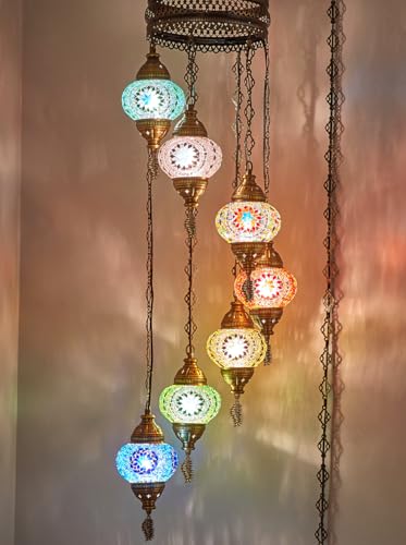 DEMMEX 7-Globe Plug-in Turkish Moroccan Mosaic Chandelier – Tiffany Style Ceiling Lamp, Hanging Pendant Light Fixture, Bohemian Swag Lighting, Handmade, 15ft Cord & Chain, Hangs 5ft (Rainbow)