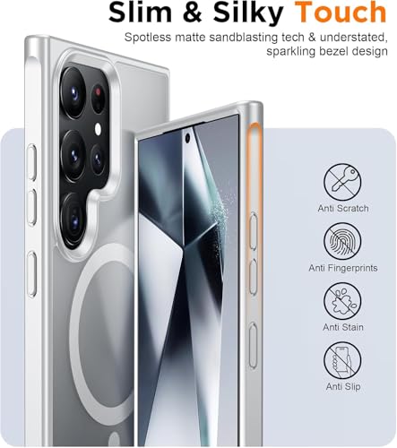 Image of VONZEE Samsung Galaxy S24 Ultra 5G Magnetic Cover, MagSafe Compatible Translucent Matte Protective Phone Case, Adjustable Metal Kickstand, Shockproof Slim Back Cover, Natural Titanium