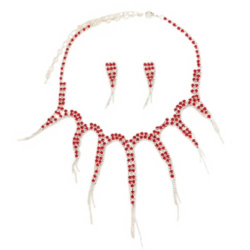 XFSRG Juego de Joyas Mujer Set Collar y Pendientes Pulpo con Strass Halloween Elegante Bisutería Moderna para Fiestas Eventos y Ceremonias (Rojo)