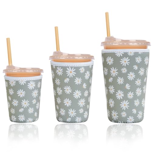 Image of Reusable Insulated Sleeve for Iced Coffee Cup, 3-Pack Coffee Neoprene Drink Sleeve for Cold & Hot Drinks, Beverage Holder for Iced Coffee (Sage Daisies)