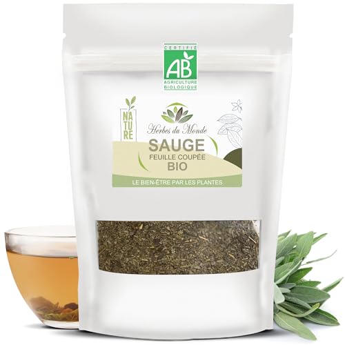Herbes du Monde - Té de hierbas de salvia oficial orgánico - Hoja cortada - Infusión tonificante y desintoxicante orgánica - Alivia la tos - 1 sobre de 50 g con certificación AB