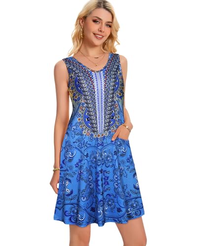 Image of elescat Womens Summer Dresses Casual V Neck Sleeveless Pockets Beach Loose Tank Sundress 2026