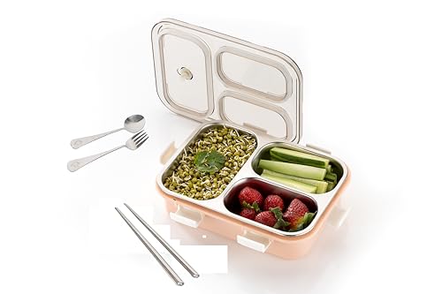 Image of Brand Conquer Lunch Box Leak-Proof BPA Free Stainless Steel for School, Lunch Box for School & Office with a Fork, a Spoon and a Pair of Chopsticks (Pink, 3 Compartment)