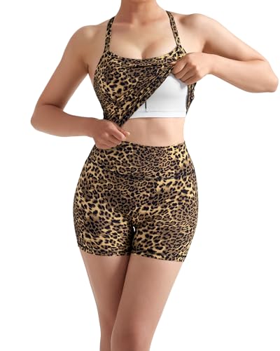 Image of SUUKSESS Women 2 Piece Workout Sets High Waisted Tummy Control Biker Shorts Halter Padded Tank Tops