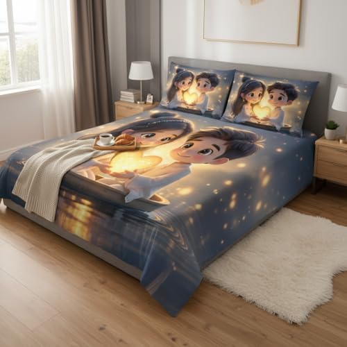 Image of Decor Well 7d Bedsheet for Double Bed King Size with 2 Pillow Covers, Polycotton 220 TC Super Soft & Breathable, Wrinkle Free New Yellow Heart Printed Bedsheet Set (90x100 Inch)