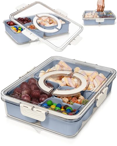 Small Snackle Box Container - Travel Snack Box Container - Snacklebox - Divided Serving Tray With Lid and Handle - Portable Snack Tray With Lid - Snackle Boxes 4 compartment Grey Blue (Grey blue)