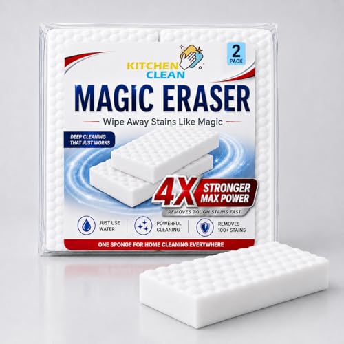 Image of Kitchen Clean Magic Eraser Sponge Pack of 2 | 4X Strong Stain Cleaning Remover for Walls, Kitchen, Bathroom Tiles, Glass & Shoes | Just Add Water