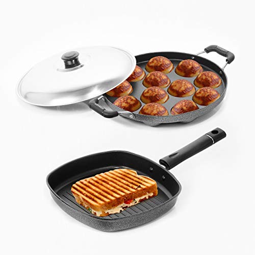 Image of Sumeet Nonstick Stainless Steel Amez Grill Pan - 22cm and Grill Appam Patra Combo Set (Silver) - 12 Pcs